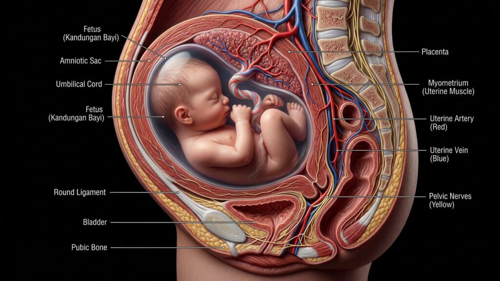 Illustrazione medica dettagliata in sezione sagittale che mostra l'anatomia di un feto nell'utero materno con etichette in inglese e indonesiano per le principali strutture anatomiche.