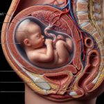 Illustrazione medica dettagliata in sezione sagittale che mostra l'anatomia di un feto nell'utero materno con etichette in inglese e indonesiano per le principali strutture anatomiche.